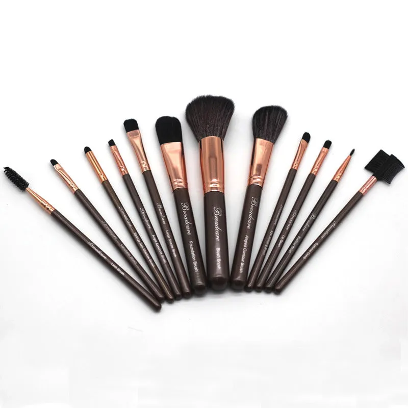 Multi-function makeup brush set with synthetic fibre bristles, long plastic handles, and brown PU storage bag on a flat surface