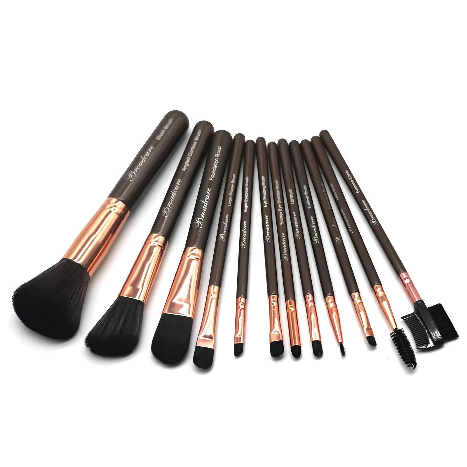 Multi-function makeup brush set with synthetic fibre bristles, long plastic handles, and brown PU storage bag on a flat surface