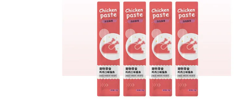 Pack of 10 cat snack strips in four flavour varieties for kittens.