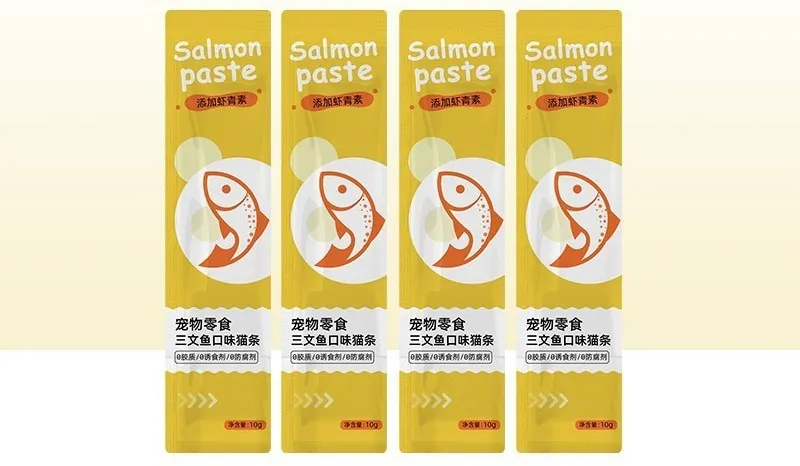 Pack of 10 cat snack strips in four flavour varieties for kittens.