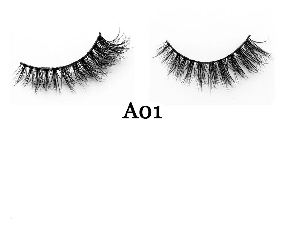 Handmade 3D mink full strip false eyelashes in style A01 against a white background