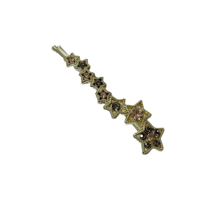 Gold-coloured alloy hair barrette with rhinestone, star, and word decoration in Korean style.