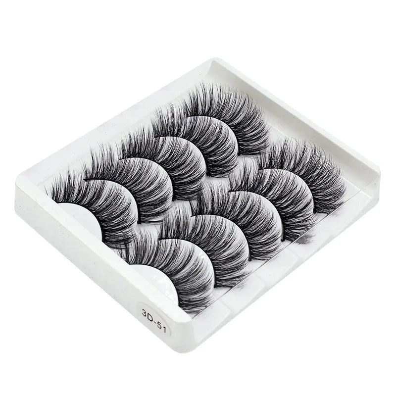 Handmade thick long natural false eyelashes in 3D fiber construction, pack of 5 pairs