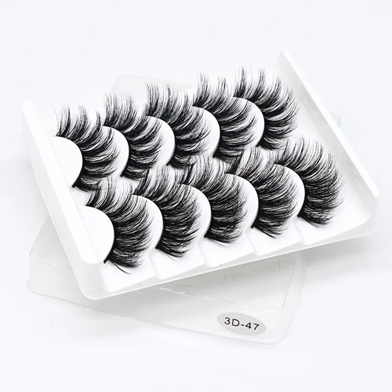 Handmade thick long natural false eyelashes in 3D fiber construction, pack of 5 pairs