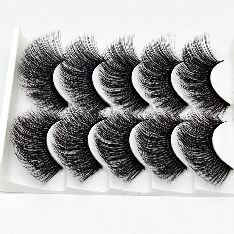 Handmade thick long natural false eyelashes in 3D fiber construction, pack of 5 pairs