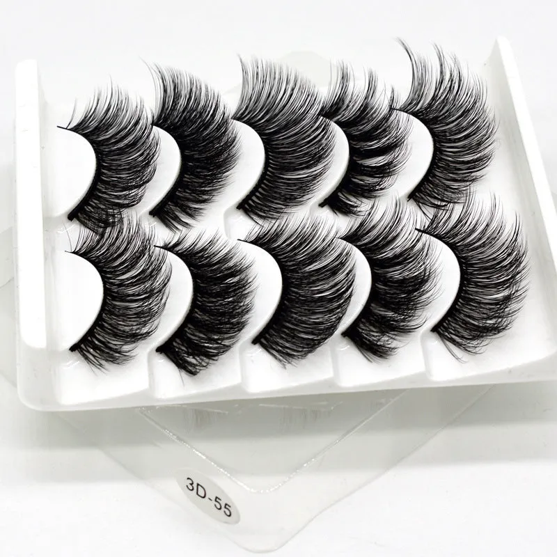 Handmade thick long natural false eyelashes in 3D fiber construction, pack of 5 pairs