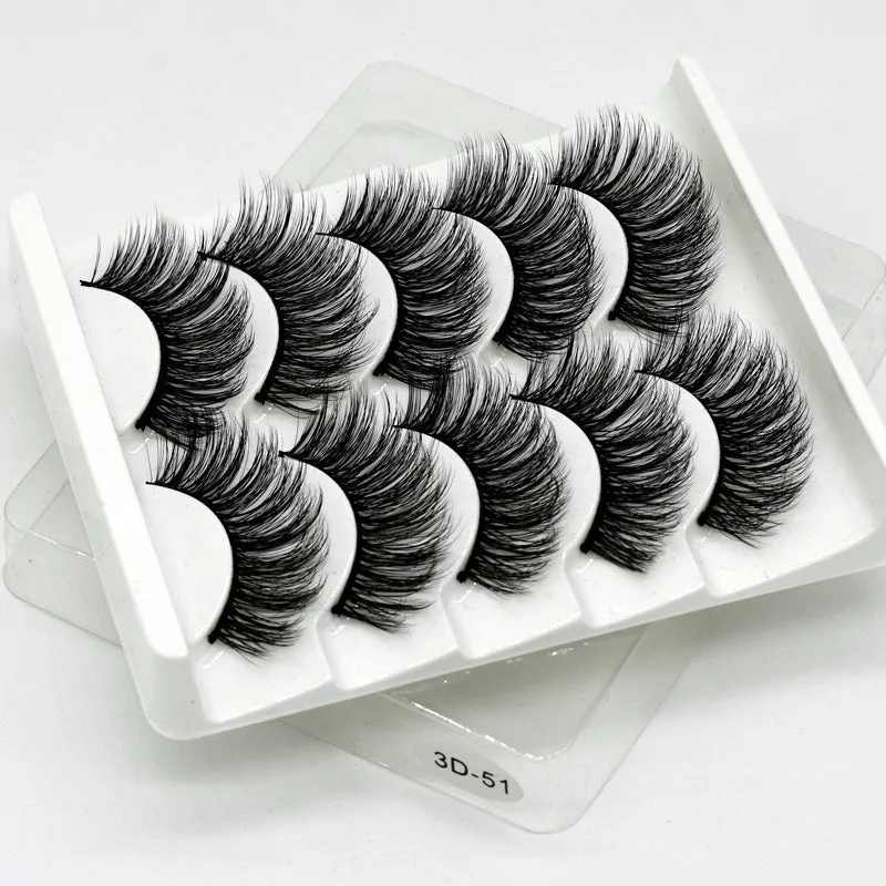 Handmade thick long natural false eyelashes in 3D fiber construction, pack of 5 pairs
