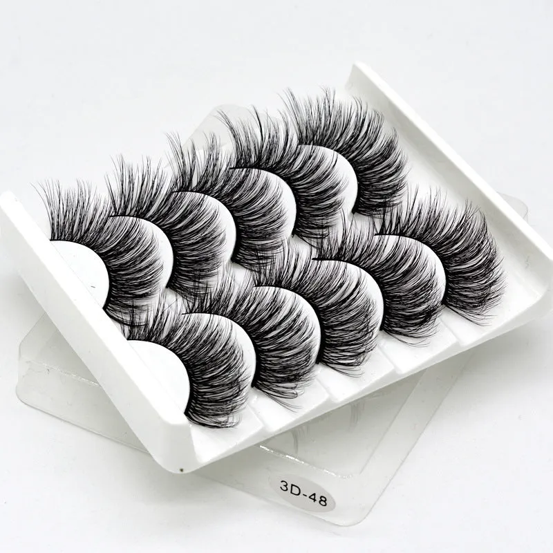 Handmade thick long natural false eyelashes in 3D fiber construction, pack of 5 pairs