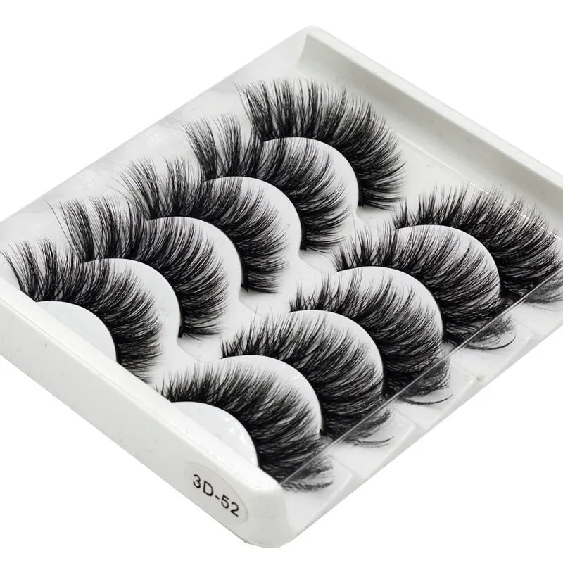Handmade thick long natural false eyelashes in 3D fiber construction, pack of 5 pairs