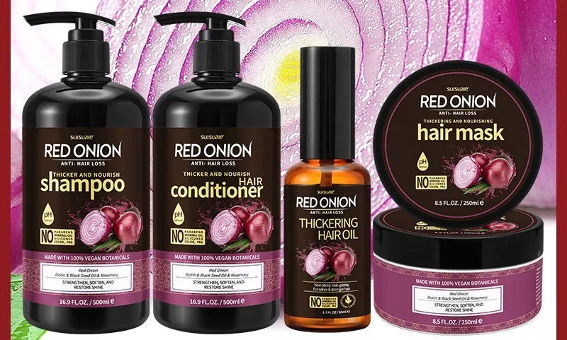 Red onion shampoo and conditioner four-piece set including large bottles and hair treatment products