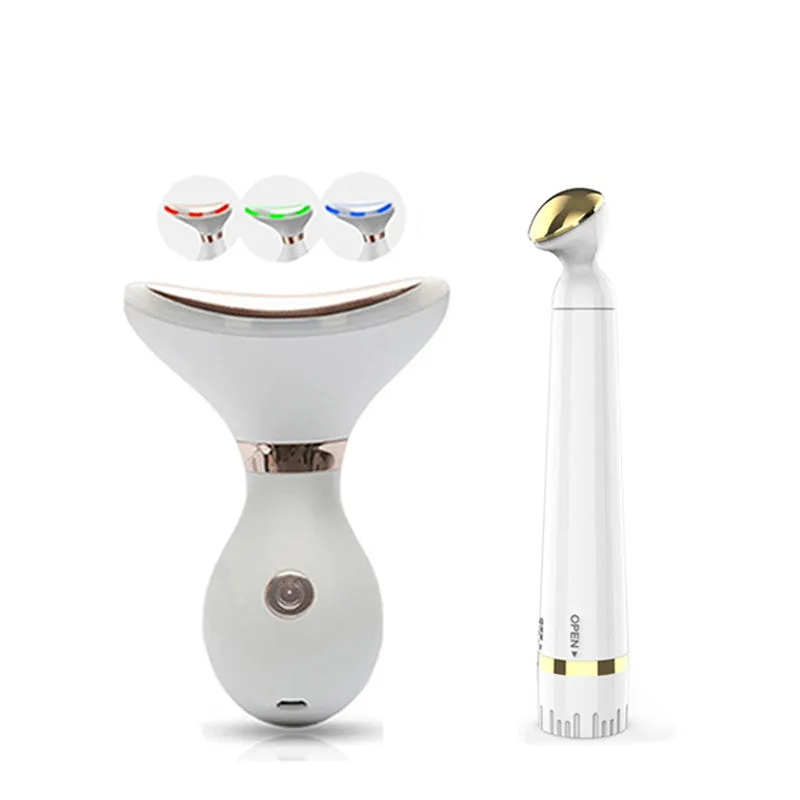 Portable USB rechargeable beauty instrument with white casing and metal light head for neck wrinkle removal