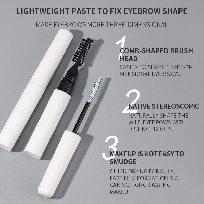 Pink and white eyebrow glue tube with applicator brush for natural wild brow styling.