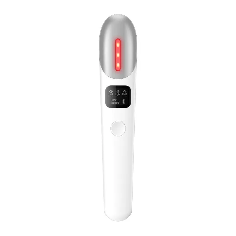 Pink EMS eye massager with micro electric current and heating for eye care, resting on a white surface