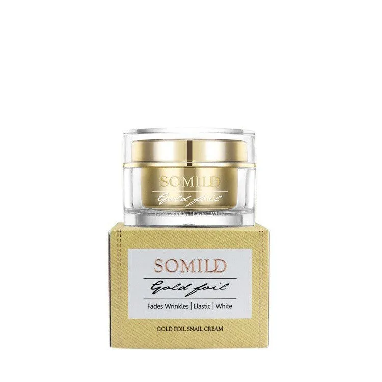 50g jar of 24K Gold Snail Cream with snail extract, gold leaf, and kelp polysaccharide for brightening and scar reduction.