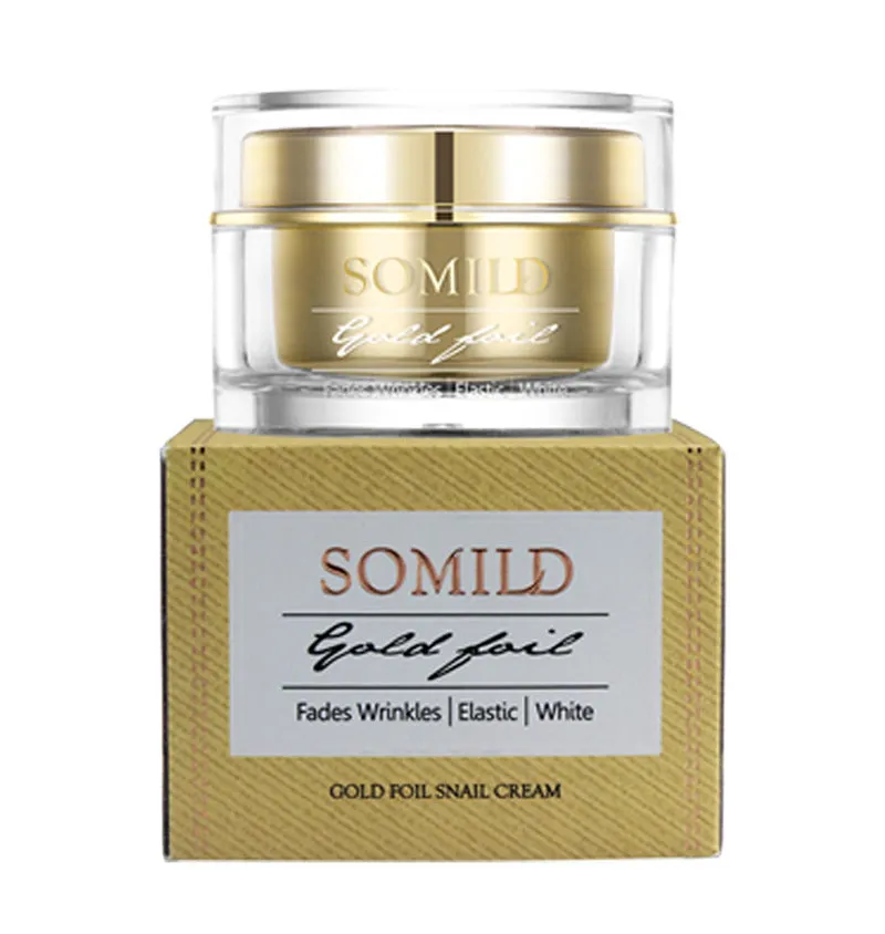 50g jar of 24K Gold Snail Cream with snail extract, gold leaf, and kelp polysaccharide for brightening and scar reduction.