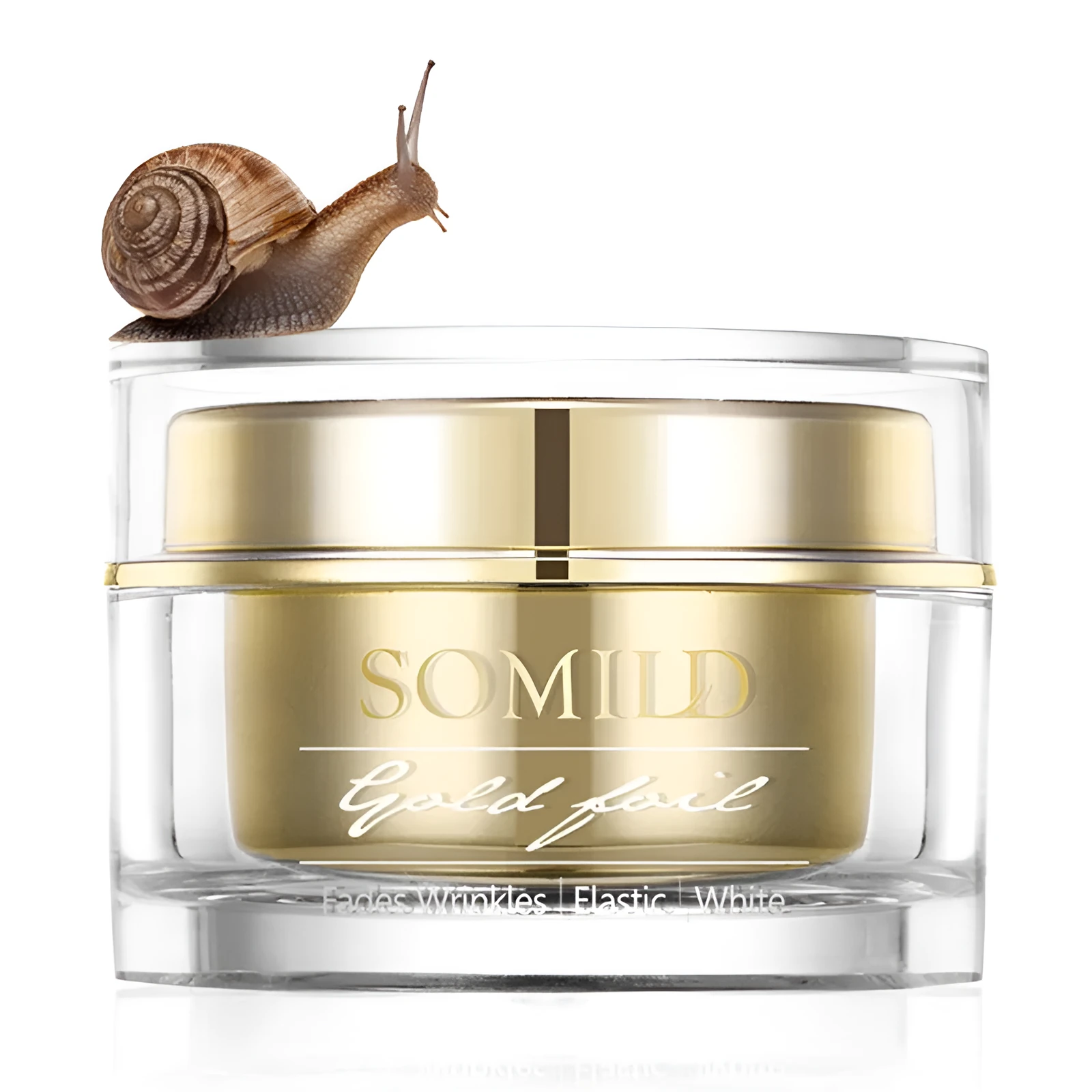 50g jar of 24K Gold Snail Cream with snail extract, gold leaf, and kelp polysaccharide for brightening and scar reduction.