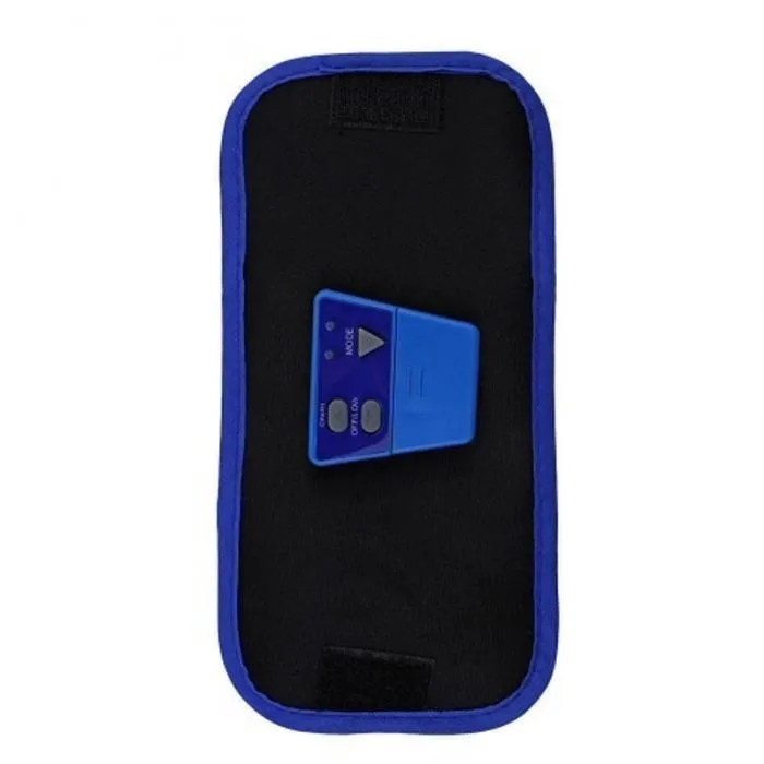 Black compact massage belt with control buttons for 6 working modes and 8 speed levels, placed on a flat surface