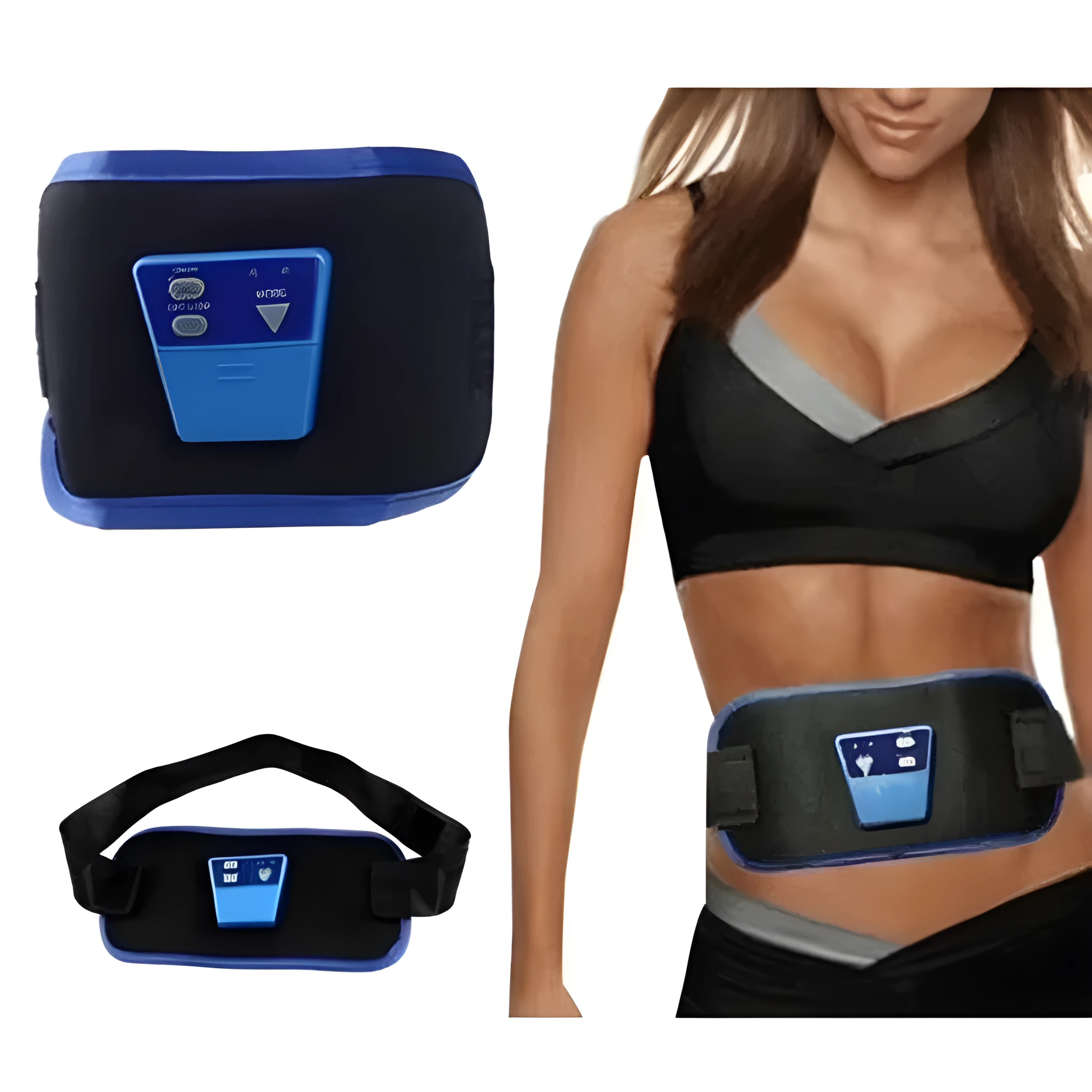 Black compact massage belt with control buttons for 6 working modes and 8 speed levels, placed on a flat surface