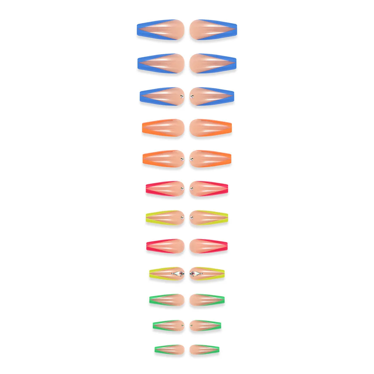 Set of detachable nail tips in diamond colour with cartoon love cross heart pattern, jelly glue, and a filing strip.