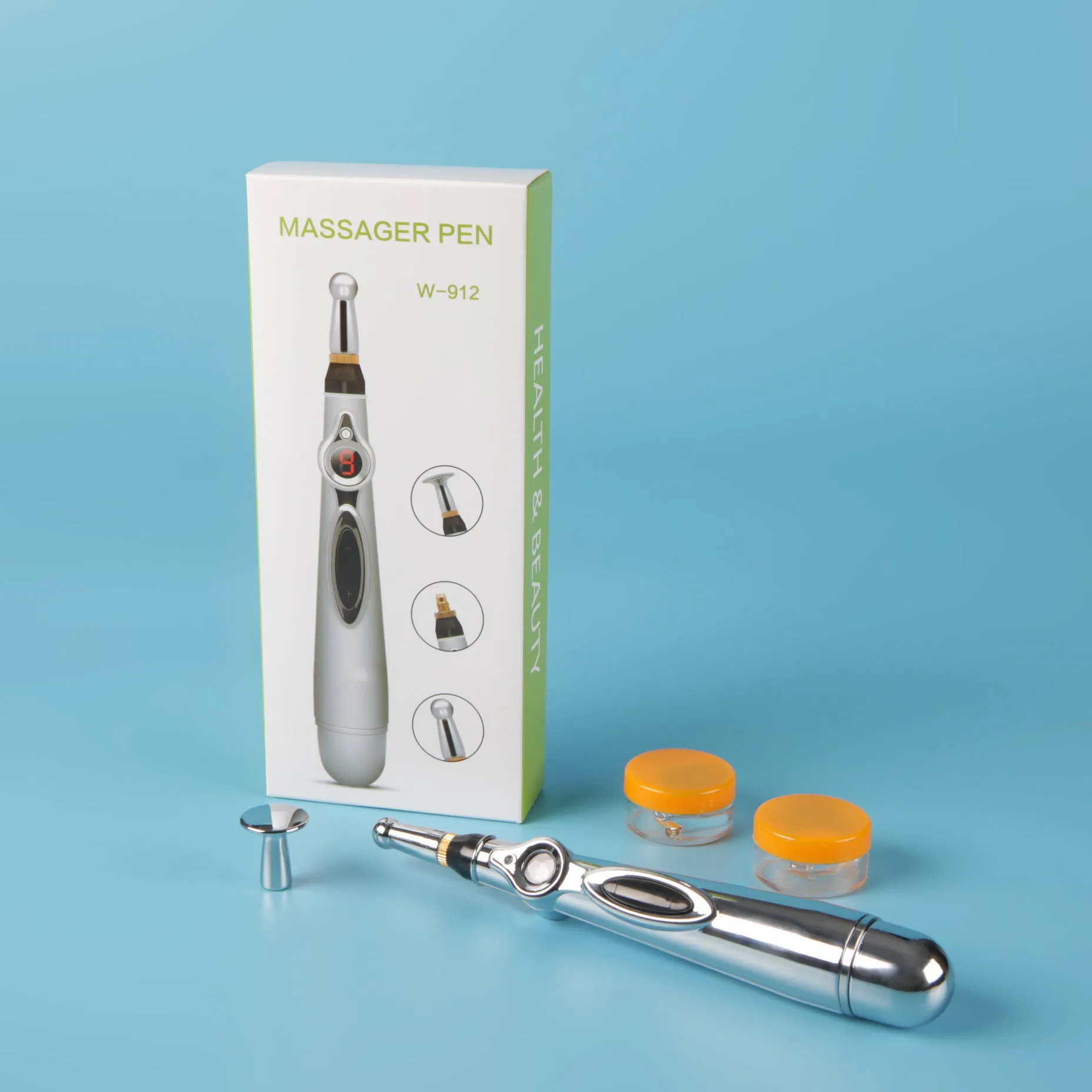 KEBETEME Massage Pen with three interchangeable therapy tips on a white background