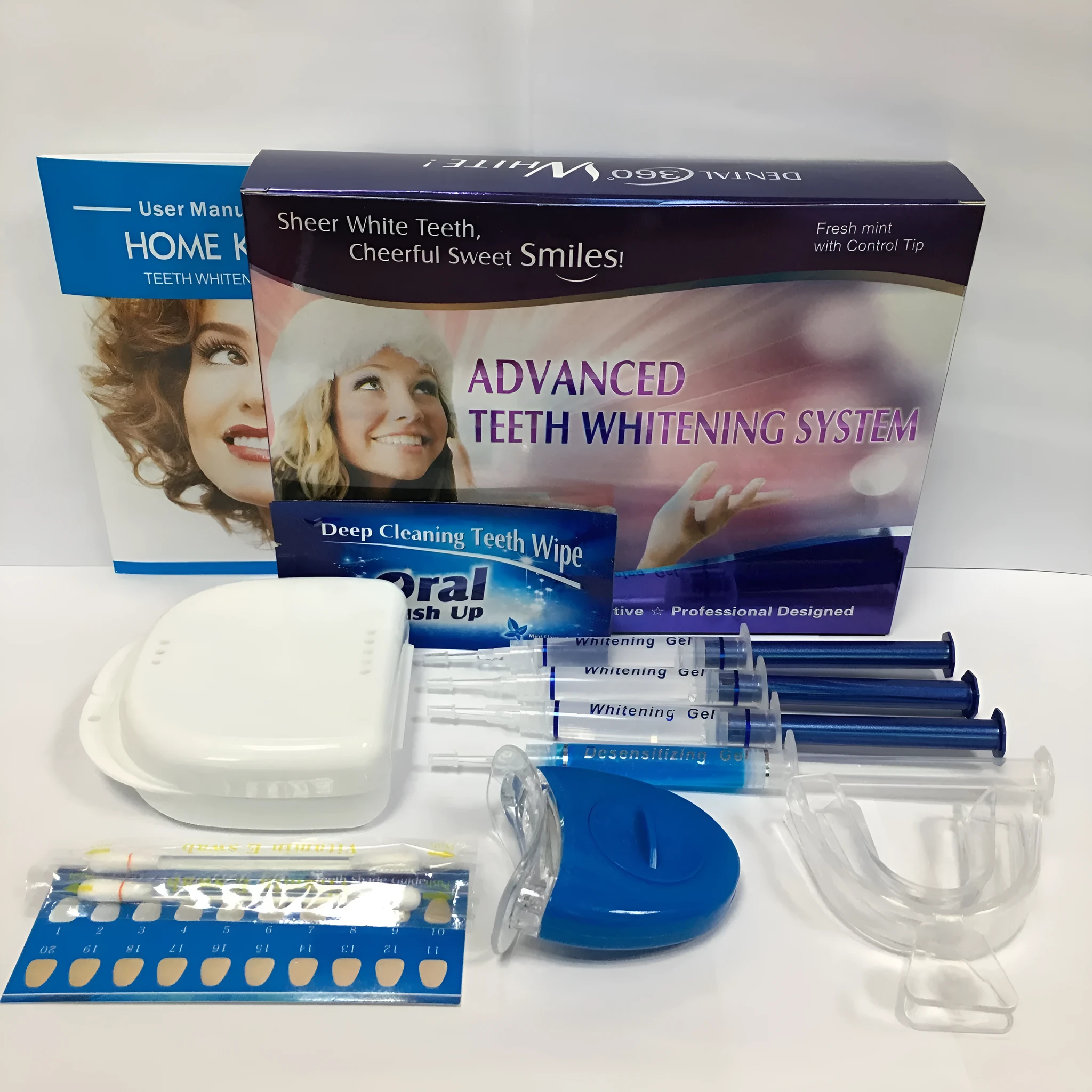 Advance Teeth Whitening LED Kit with white mouth trays and blue LED light unit