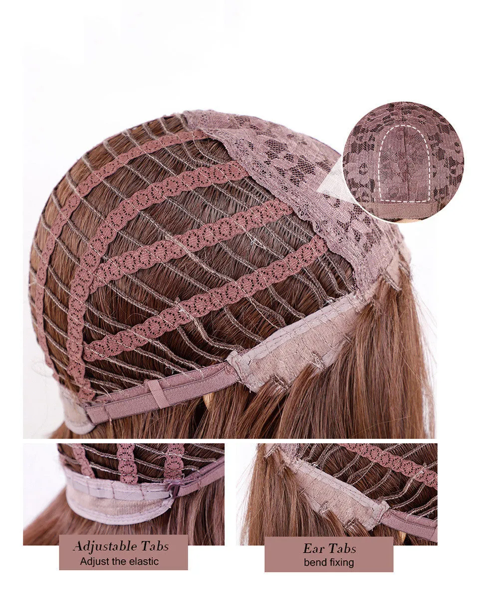 75cm medium brown gradient blonde curly wig on head form showing length and bangs