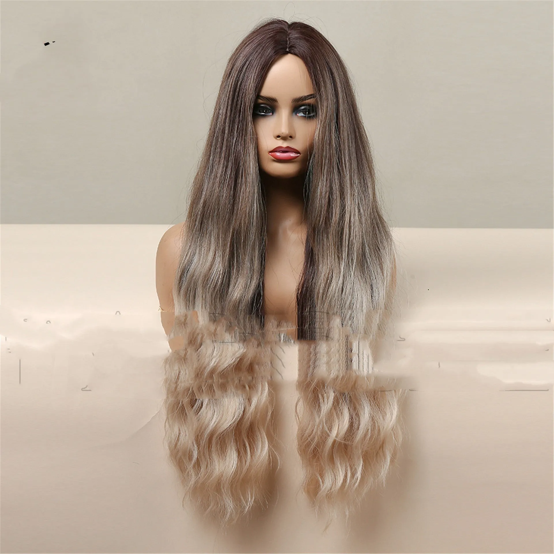 75cm medium brown gradient blonde curly wig on head form showing length and bangs