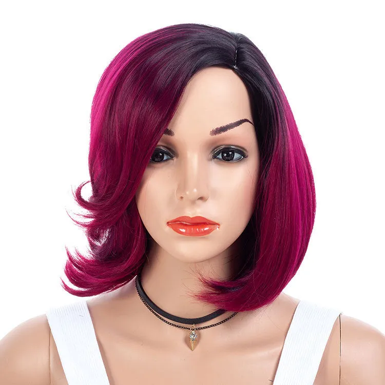 Gradient partial short curly wig in Wine Red showing high temperature wire hairline and 40cm length on a stand