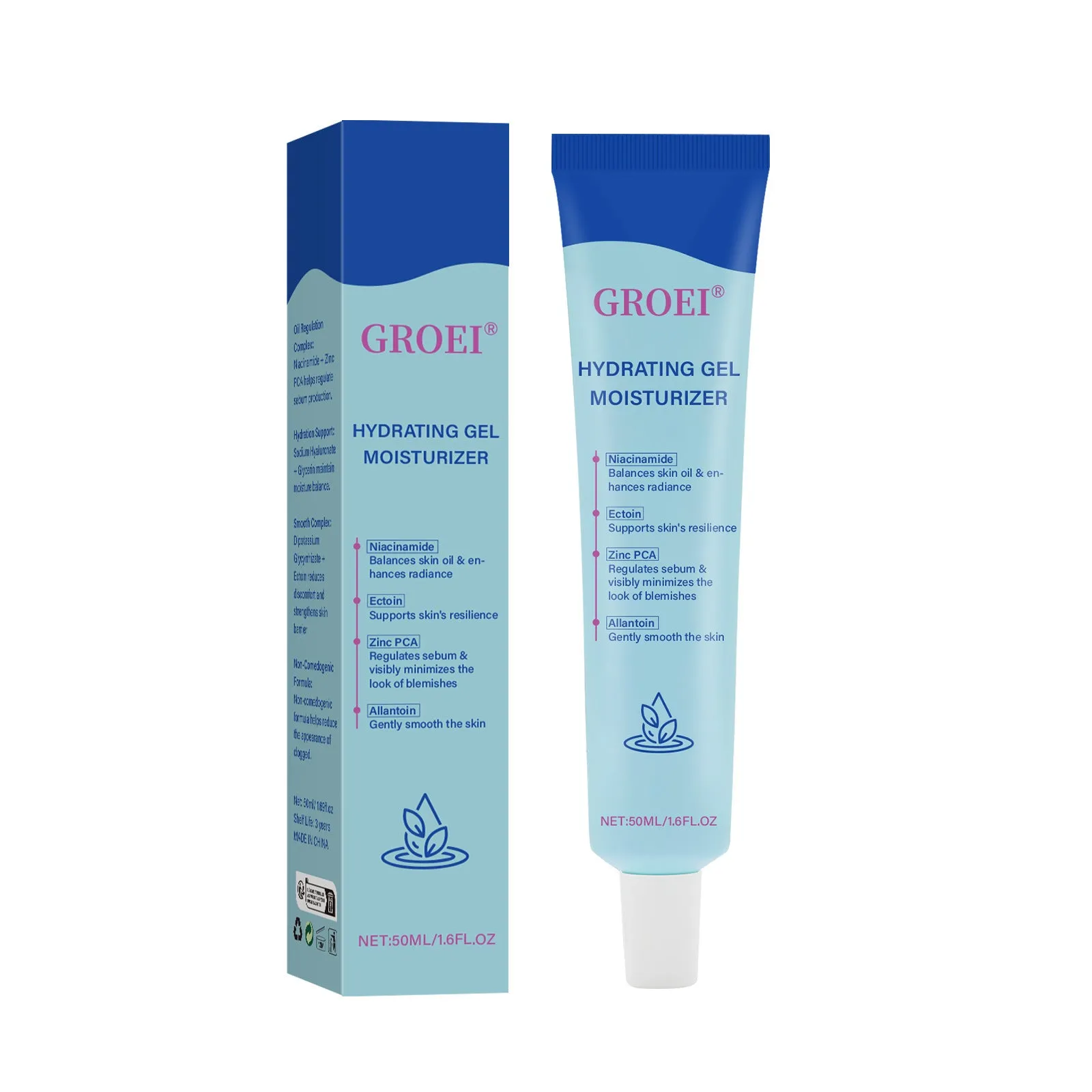 50ml moisturising facial gel with hyaluronic acid in container