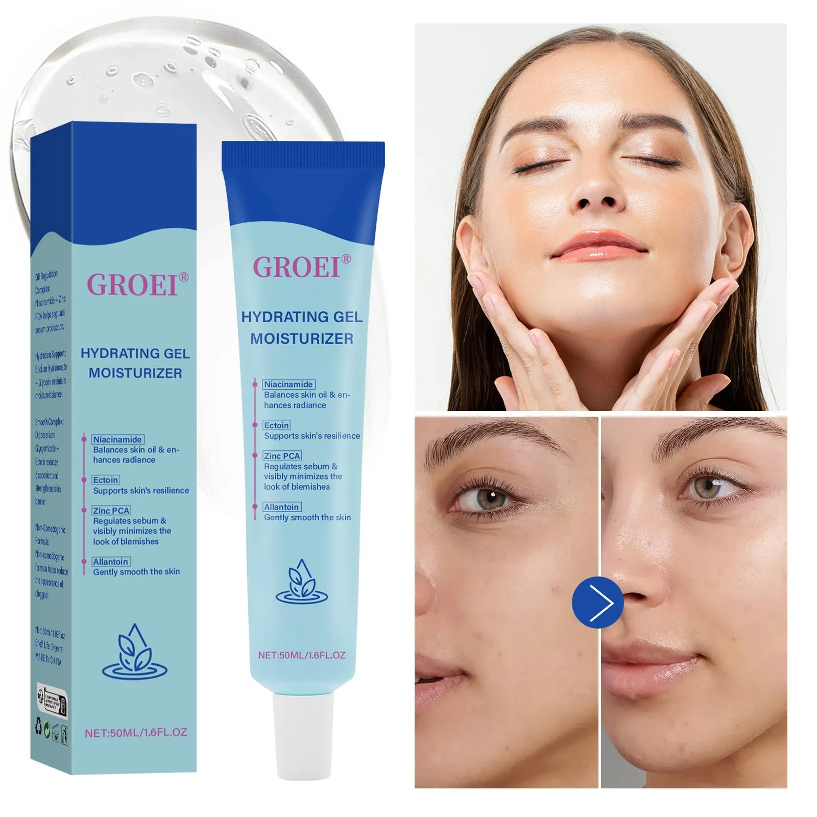 50ml moisturising facial gel with hyaluronic acid in container