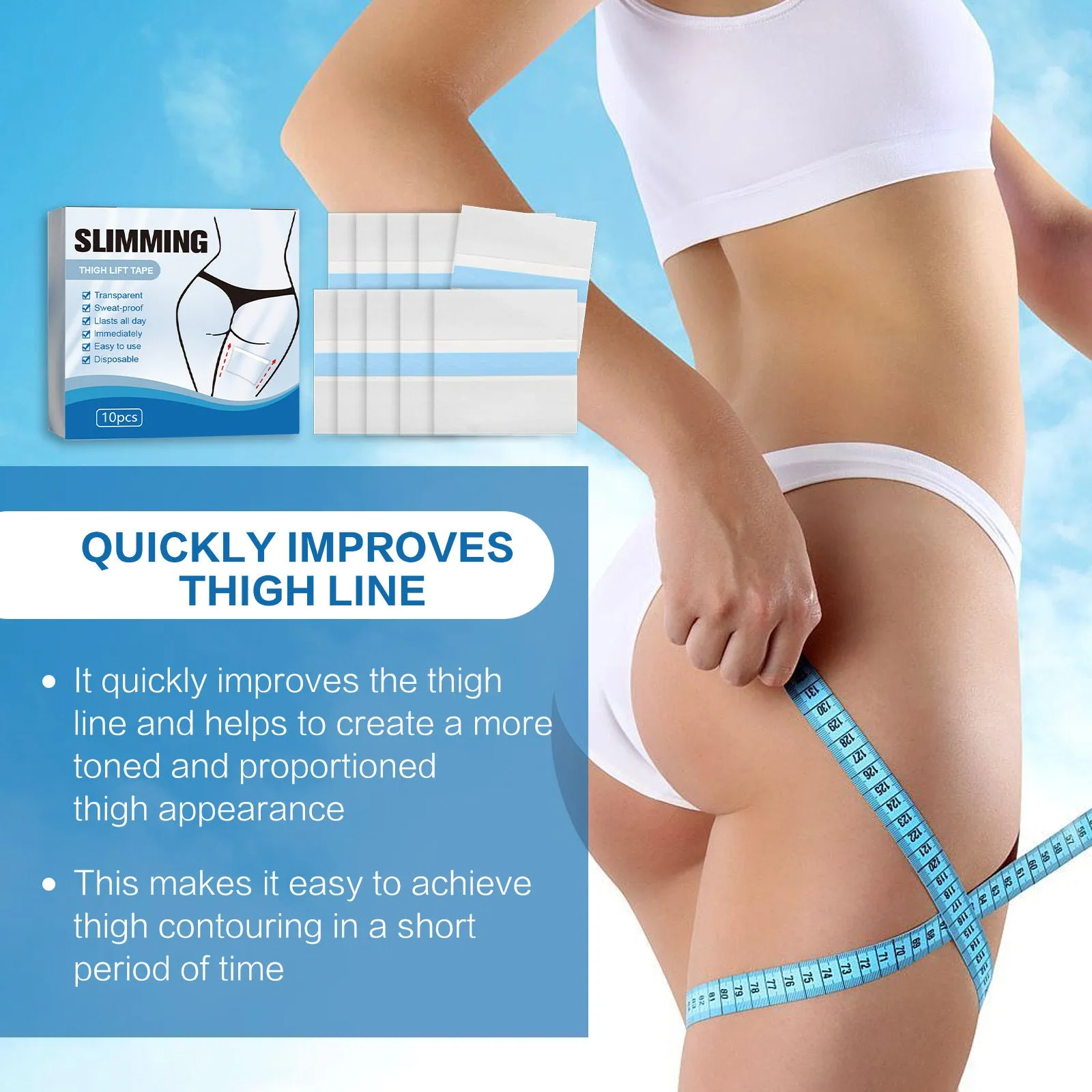 Pack of 10 square slimming body shaping patches on skin, each measuring 12cm.