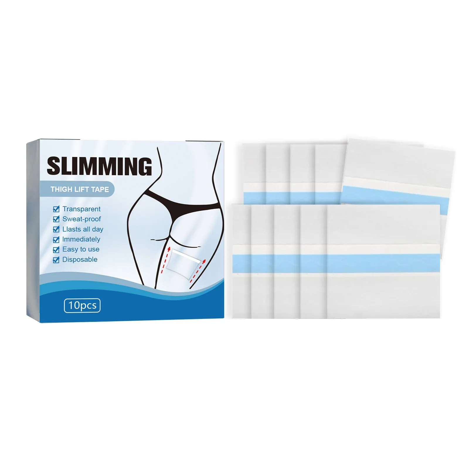 Pack of 10 square slimming body shaping patches on skin, each measuring 12cm.