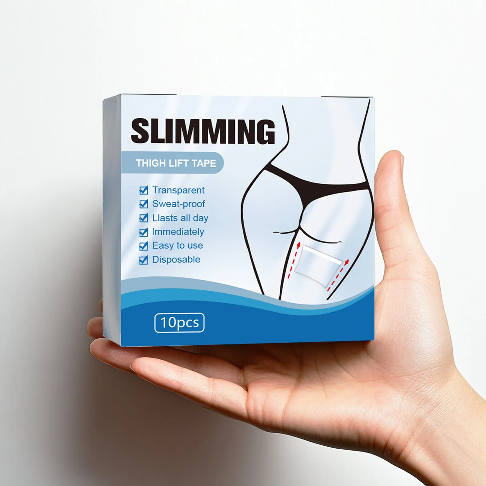 Pack of 10 square slimming body shaping patches on skin, each measuring 12cm.