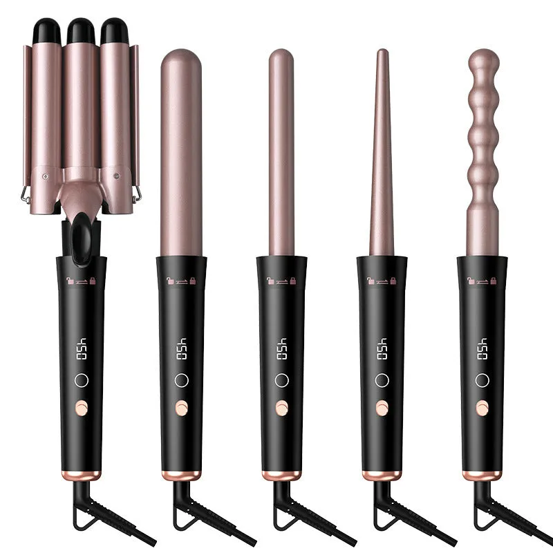 Rose gold five-in-one tube replacement hair curler with LCD screen and negative ion technology