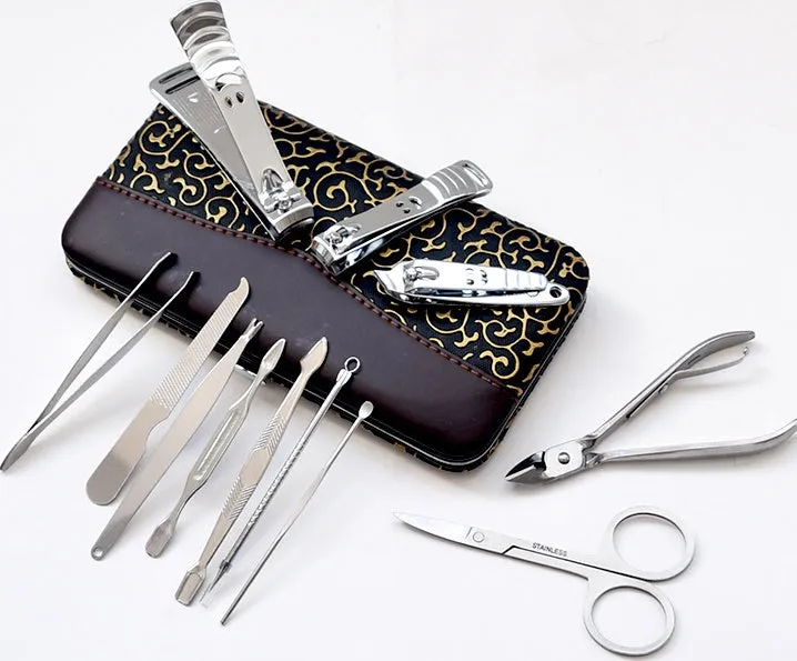 Stainless steel 9-piece nail clipper and manicure tool set in a compact case with random colour finish