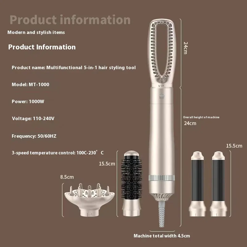 Champagne gold five-in-one hot air comb hair styler with straightening and curling functions