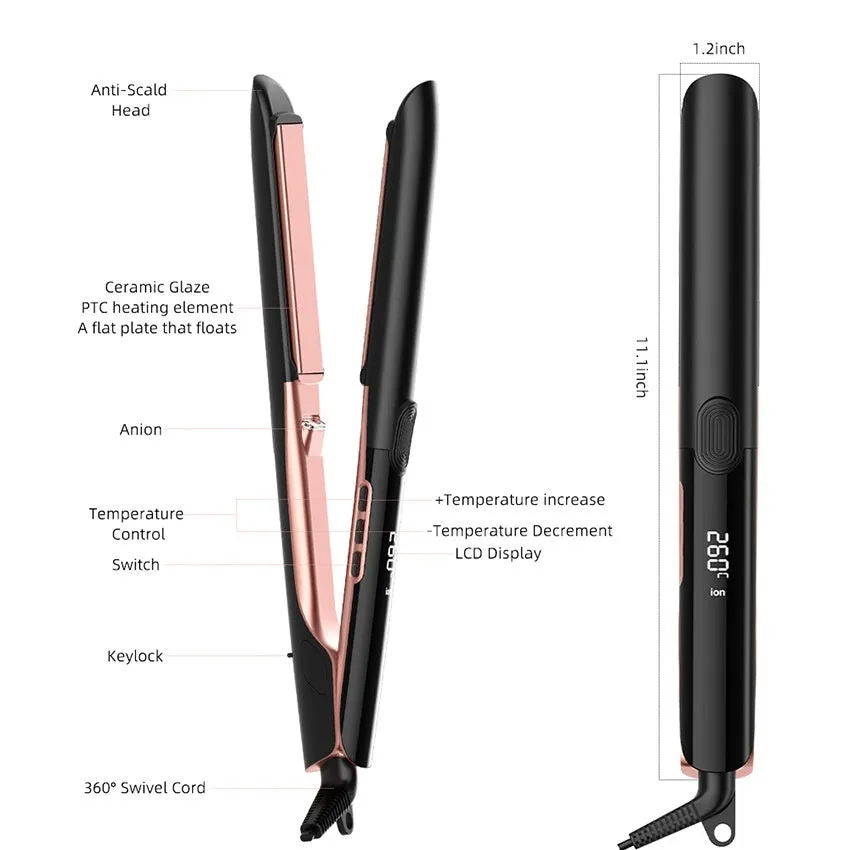 Hair straightener with digital temperature display showing 207℃ and negative ion technology