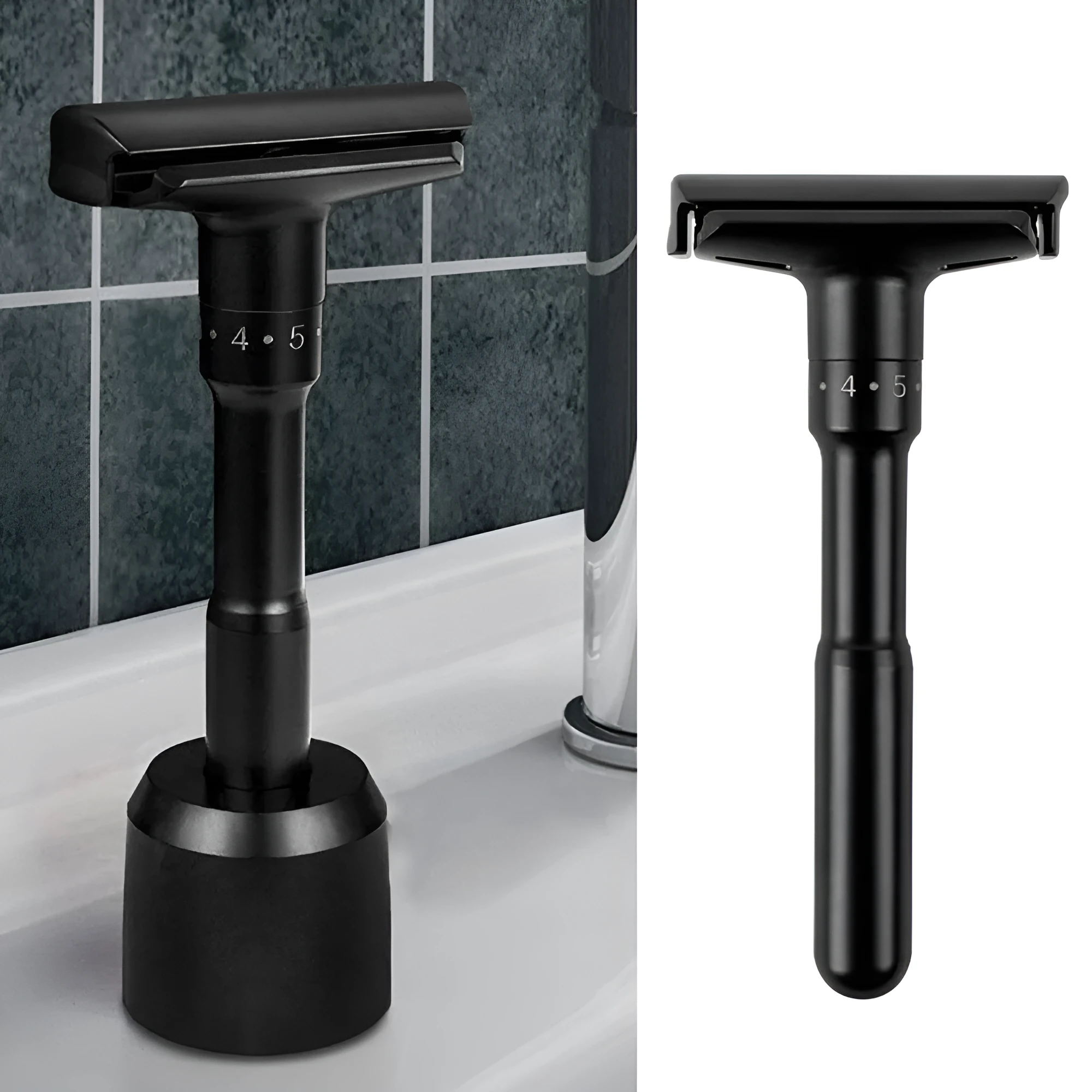 Manual old-fashioned razor with stainless steel blade and zinc alloy handle in black finish on a neutral background