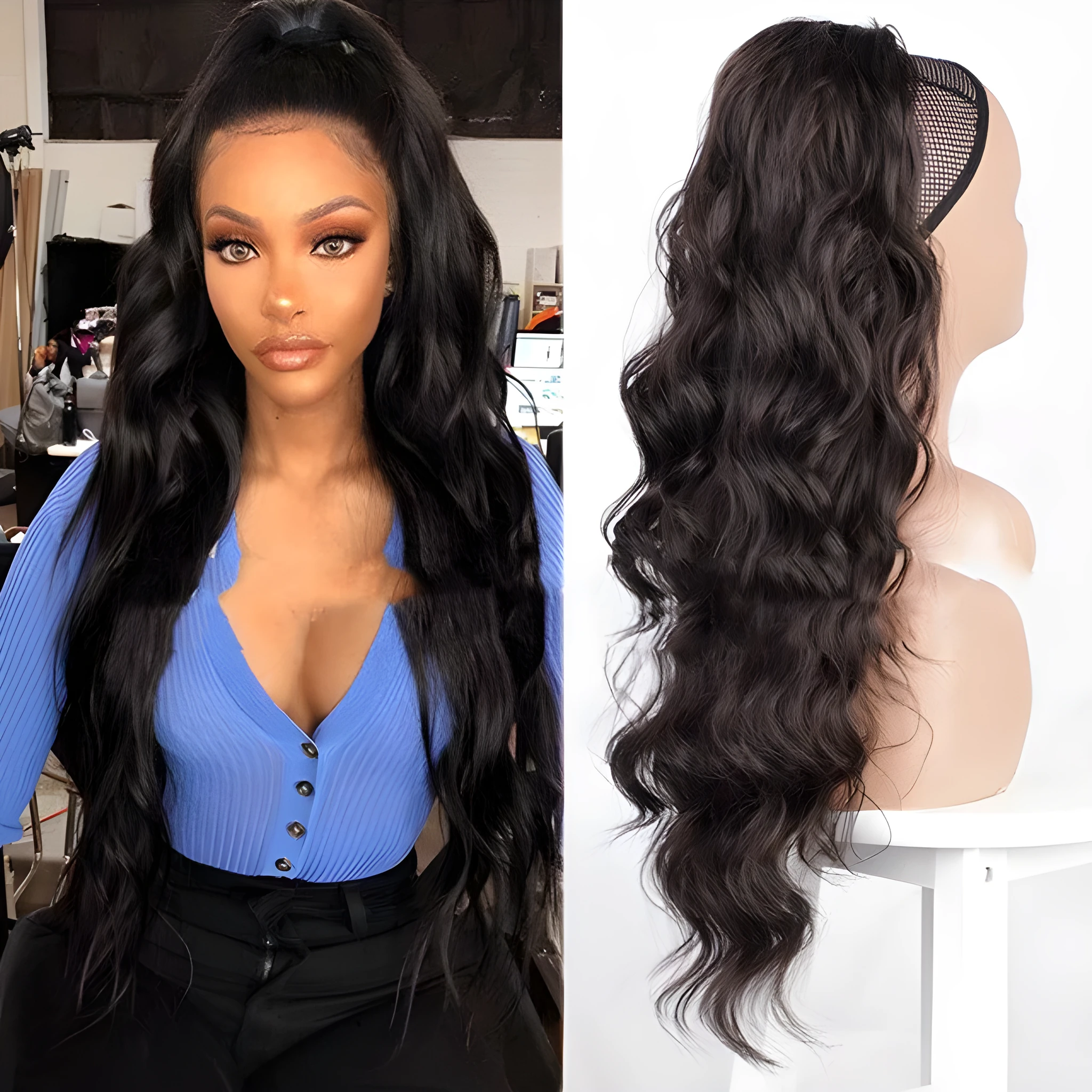 Women's drawstring ponytail hair extension in high temperature wire in colour 1B with tresses style