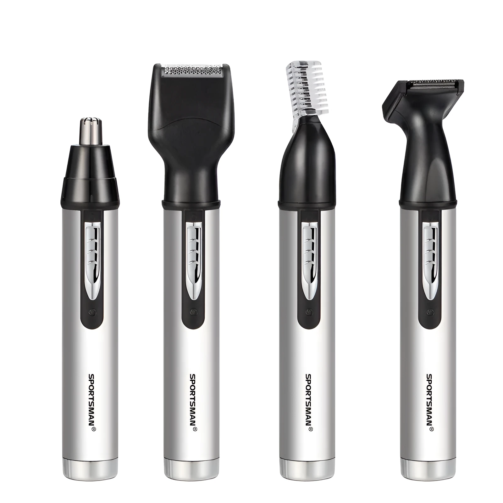 White male electric nose hair trimmer with charging base and four heads on a table