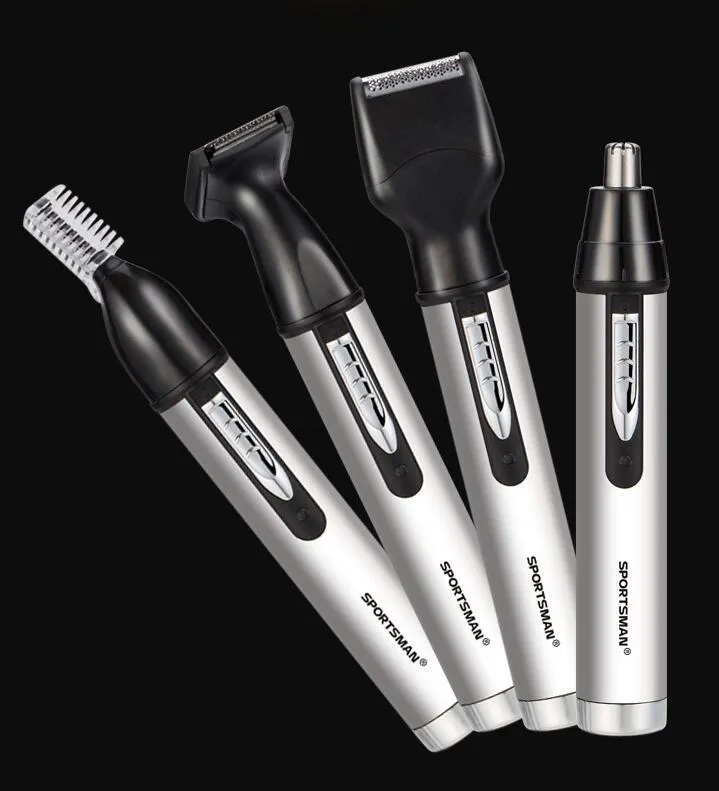 White male electric nose hair trimmer with charging base and four heads on a table