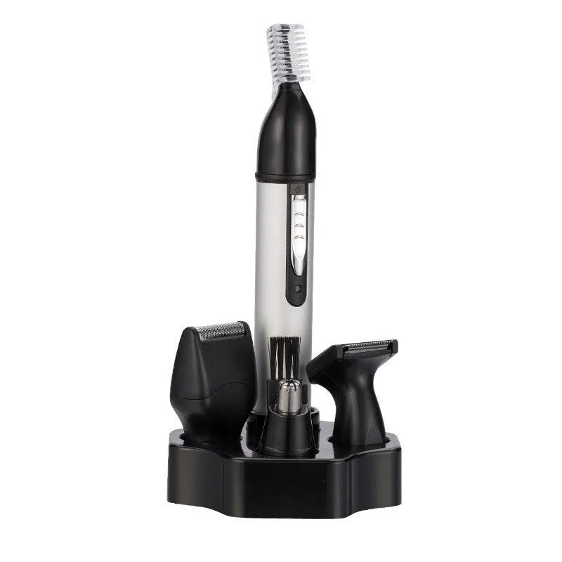White male electric nose hair trimmer with charging base and four heads on a table