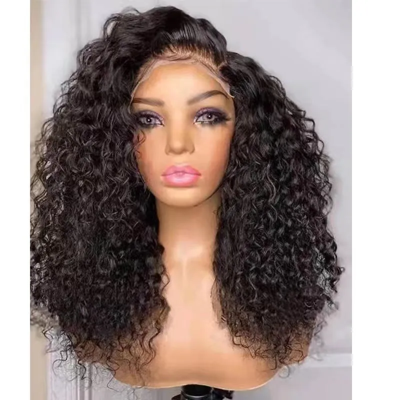 Long curly lace wig in high temperature filament for women, available in 12 to 28 inch lengths