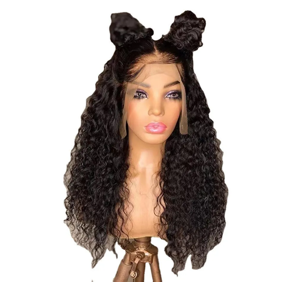 Long curly lace wig in high temperature filament for women, available in 12 to 28 inch lengths