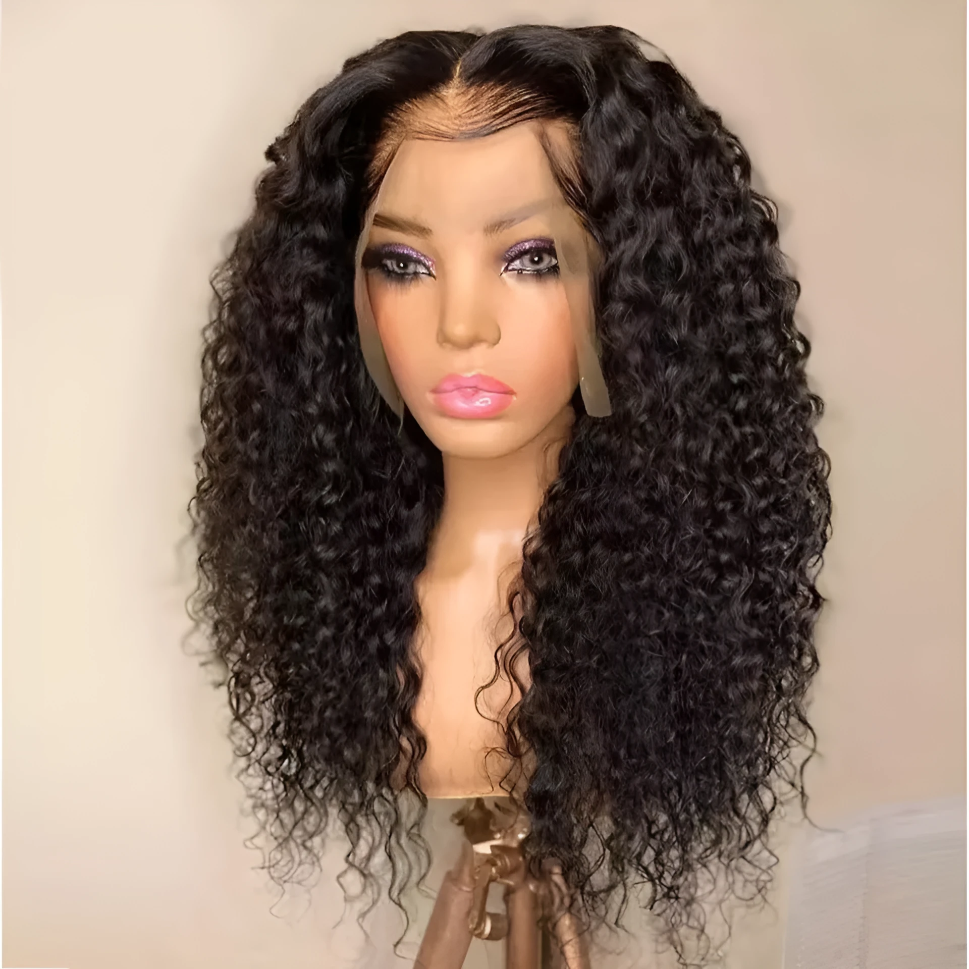 Long curly lace wig in high temperature filament for women, available in 12 to 28 inch lengths