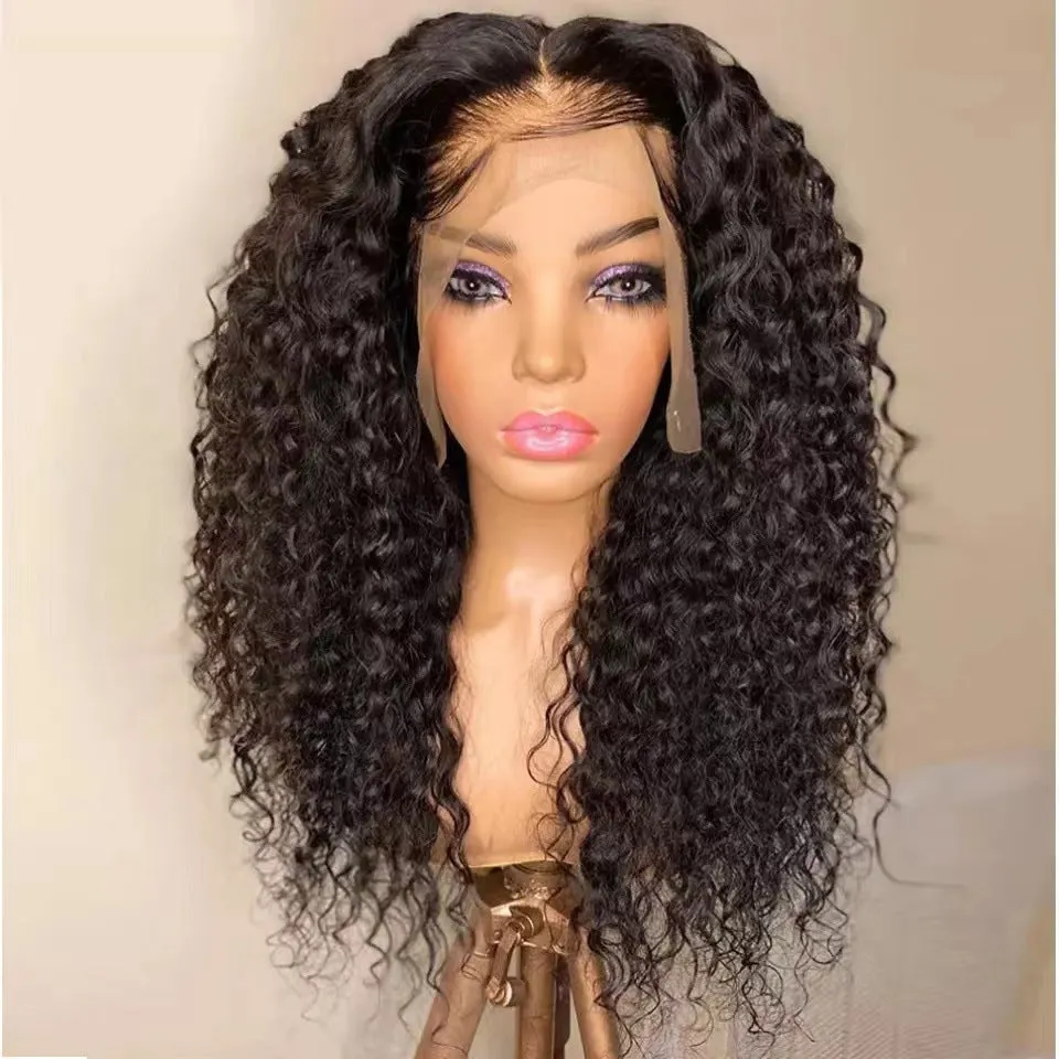 Long curly lace wig in high temperature filament for women, available in 12 to 28 inch lengths