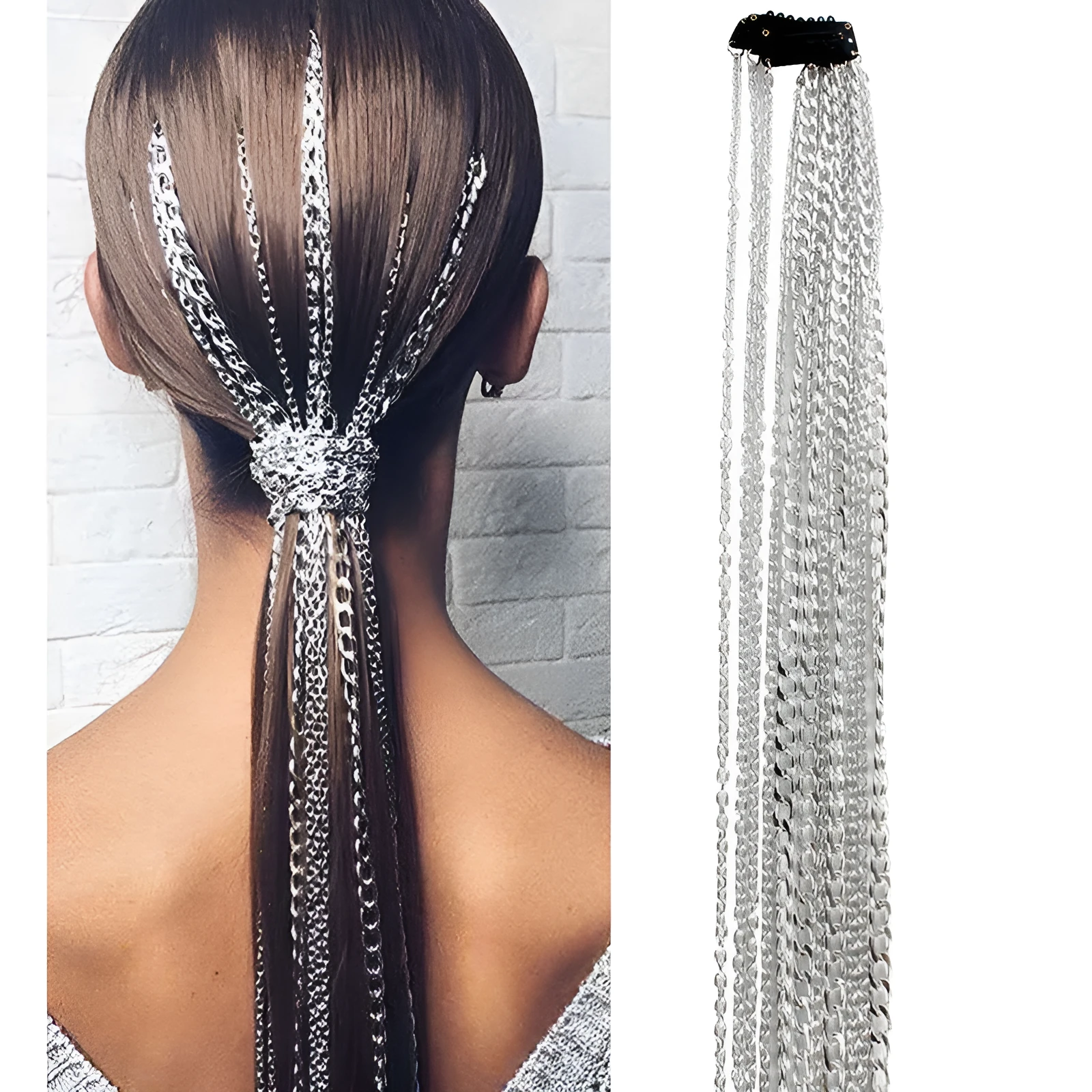 Women's U-shaped silver-plated wig extension chain with tassels and BB clip