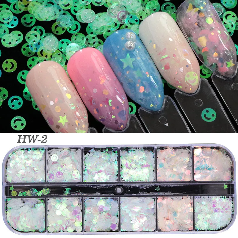 Nail polish glitter set with shell powder, laser sequins, chameleon powder, and star effect powder for nail art manicure