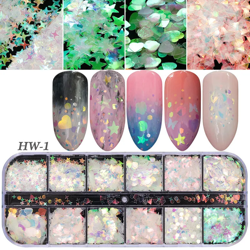 Nail polish glitter set with shell powder, laser sequins, chameleon powder, and star effect powder for nail art manicure