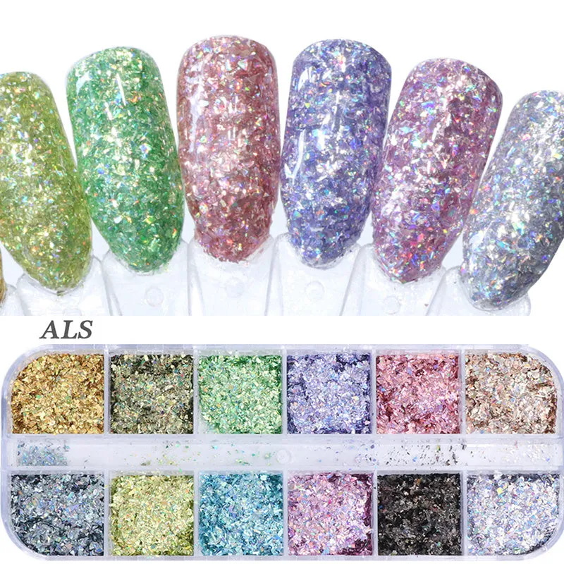Nail polish glitter set with shell powder, laser sequins, chameleon powder, and star effect powder for nail art manicure